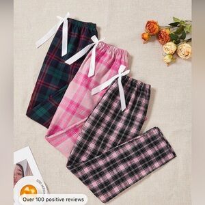 3pcs Plaid Print Tie Waist Sleep Pants